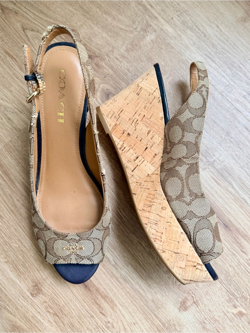 Coach Signature Canvas Slingback Cork Wedge Sandals in Brown and Navy